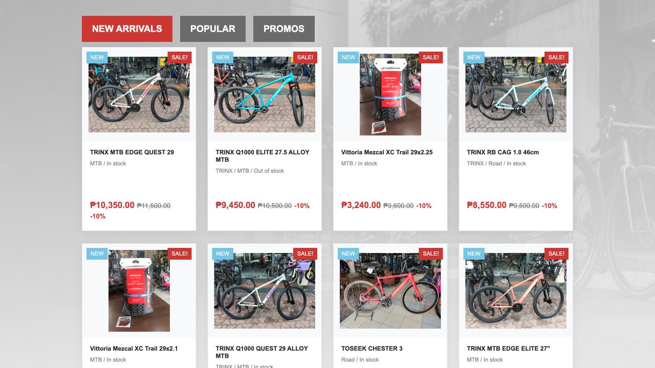 Live SarapMagBike product catalog showing new arrivals, prices, promos, and availability